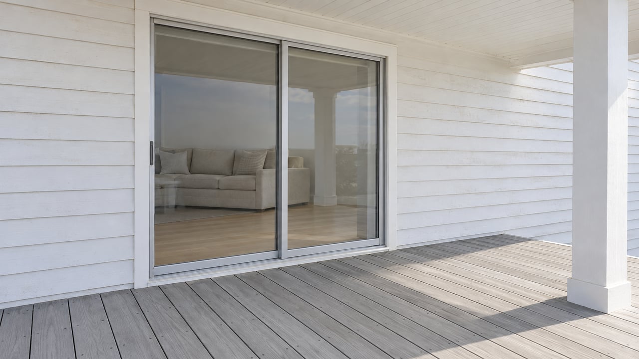 An elevated beach home's silver-gray deck and white siding frame a closed sliding glass doorway into a softly furnished living room.