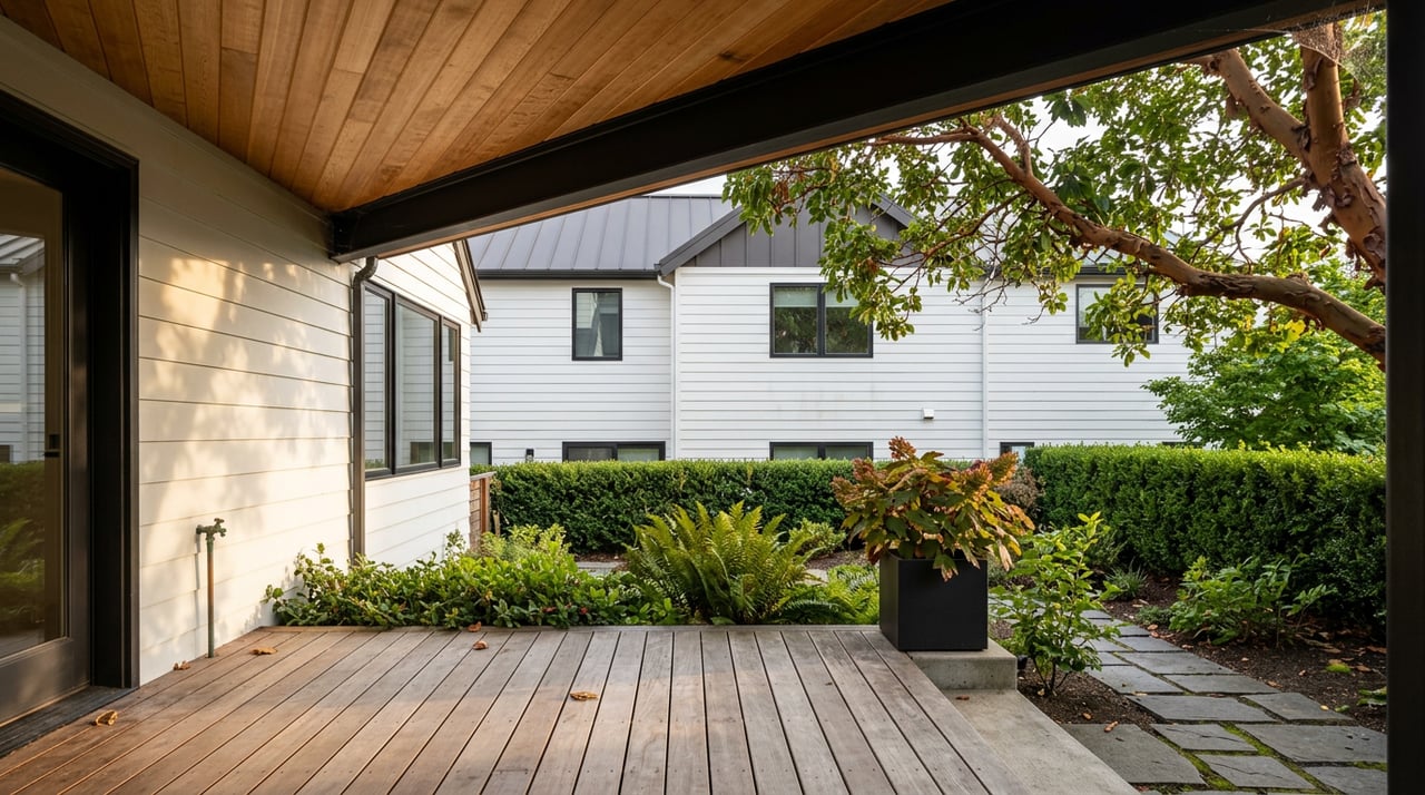 Covered cedar deck overlooking a small garden, with a peeling-bark madrone and neighboring white-sided house.