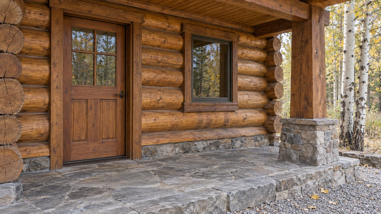 Sheltered log-home entrance with weathered timber, a stone landing and ochre aspen leaves beyond the porch.