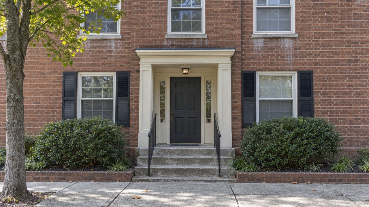 Three-story brick apartment entry with cream trim, black handrails, clipped shrubs, and concrete steps.