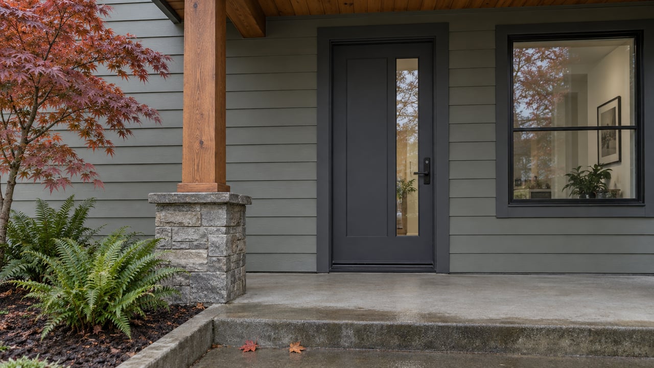 Covered home entry with gray-green lap siding, a timber post on a stone pier, and a damp concrete step beside maple foliage and sword ferns.