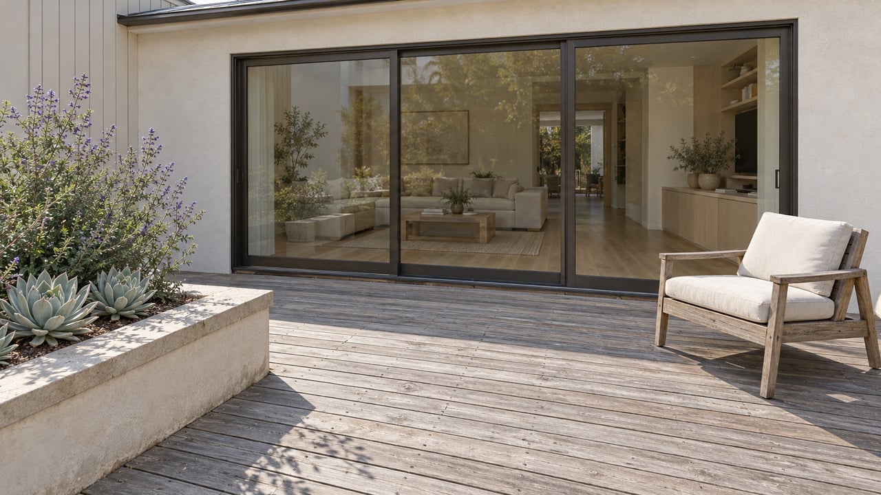 Weathered timber terrace beside a cream stucco home, with a teak lounge chair and raised succulent planting bed.