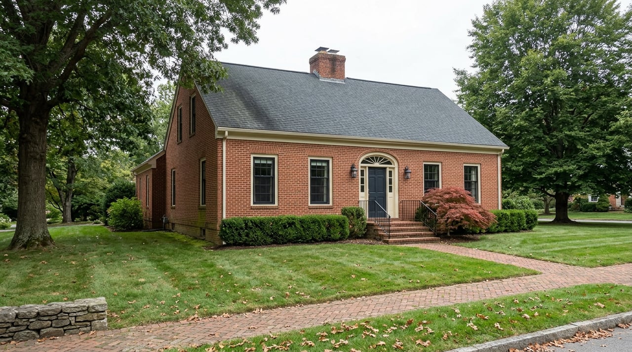 Red brick house with an arched entry, dark door, red Japanese maple, and brick walkway beneath mature trees.