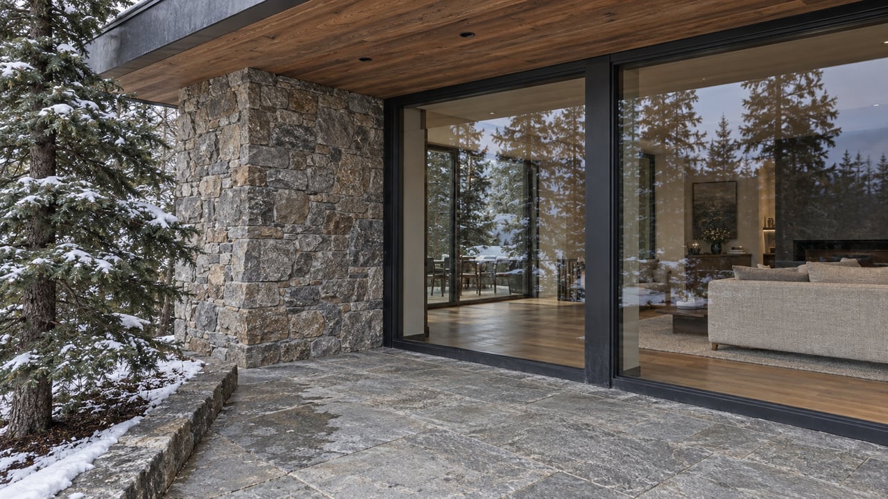Timber overhang shelters a glazed living-room corner beside a stone pier, with melting snow beneath a spruce at the terrace edge.