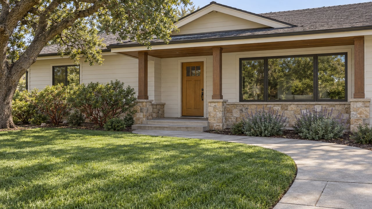 Sunlit gabled home with ivory siding, a timber-covered porch, stone accents, a deep green lawn, and a mature oak.