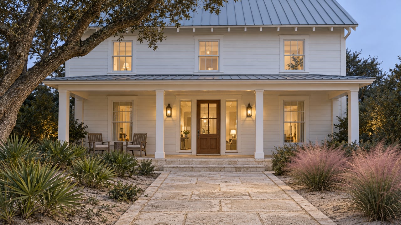 White wood-sided cottage with a standing-seam roof and warmly lit deep porch beyond limestone paving and sculptural native planting at twilight.