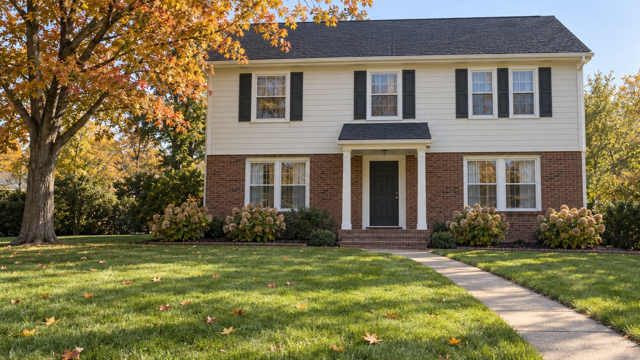 An ivory-sided and red-brick Colonial behind a deep autumn lawn, with an amber sugar maple and a concrete entry walk.