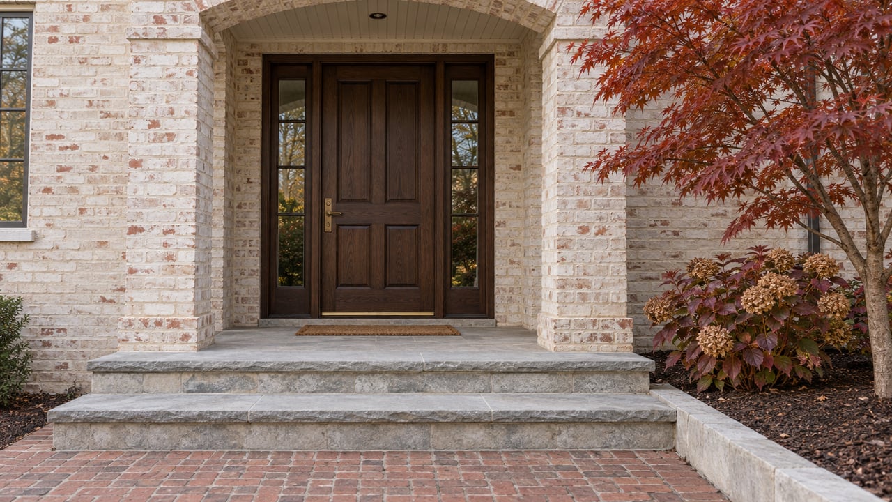 Ivory brick front entry with a dark oak door, paired sidelights, limestone steps and copper-red autumn foliage.