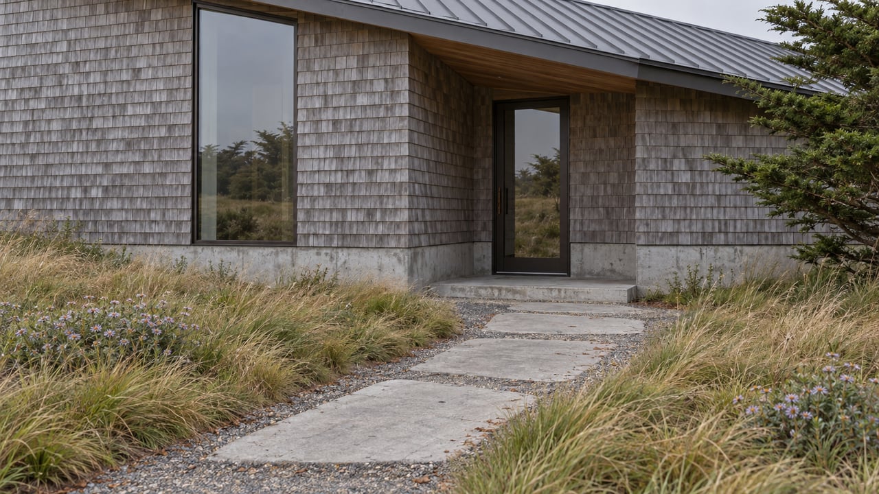 Cedar-shingled coastal home with a recessed glass entry, concrete slab path, and meadow plantings.