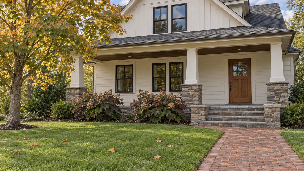 Ivory wood-sided house with a stone-based porch, brick approach, broad lawn and autumn maple foliage.
