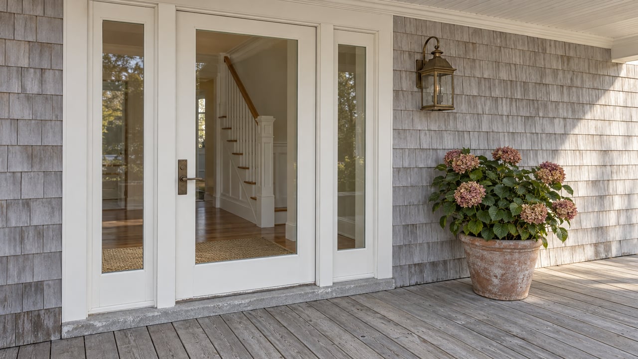 Weathered cedar-shingled entrance with a white glazed door, matching sidelights, gray porch decking and one potted hydrangea.