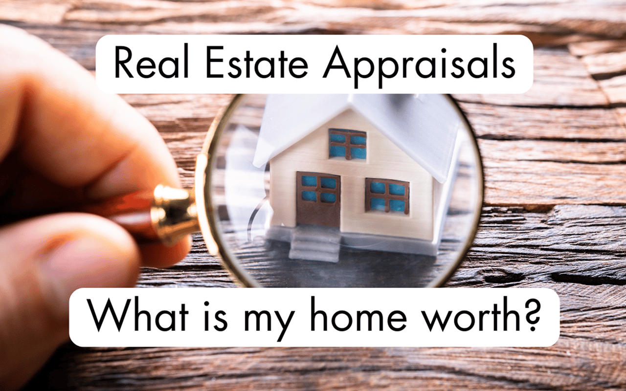 Real estate appraisals graphic with a model house under a magnifying glass and a question about home value.