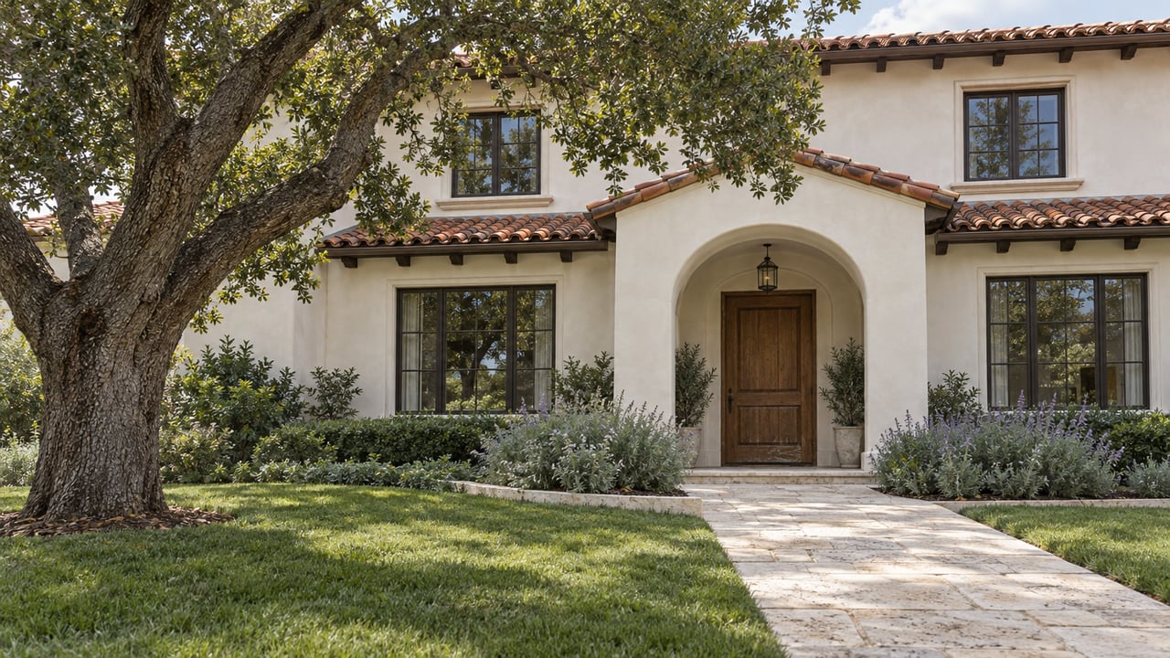 Warm-white stucco home with clay barrel roof tiles, an arched oak entry and limestone walk beside a mature oak and silver-green sage.