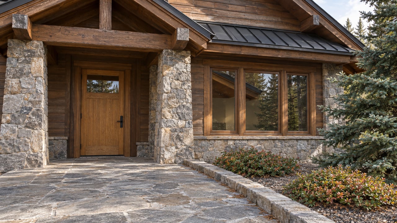 Autumn light across a timber-and-stone home entry, with a broad stone landing, grouped wood-framed windows and a spruce at the edge.