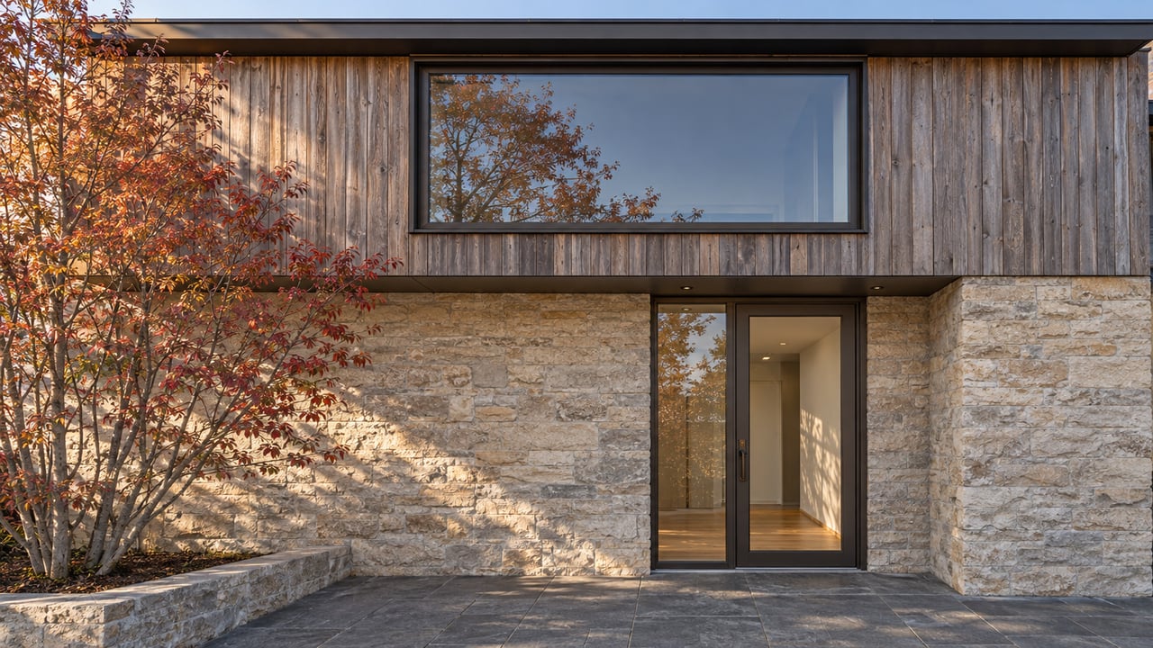 Townhouse facade with cedar siding, pale stone entry, bronze-framed glass door, and copper-leaved tree.