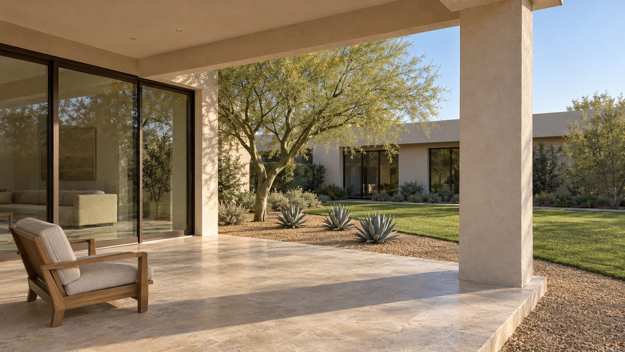 Shaded travertine terrace beside bronze-framed glass doors, overlooking a sculptural green-trunk tree and a spacious manicured garden.