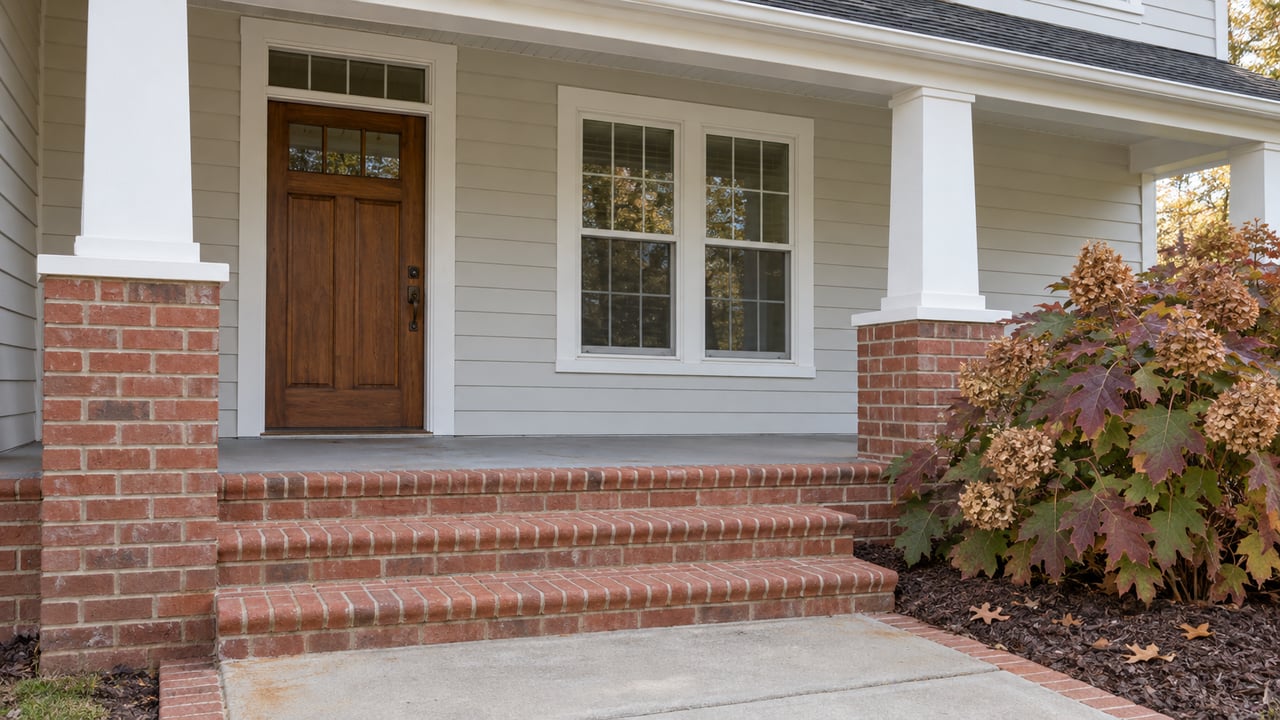 Brick steps lead to a covered porch with white posts, a wood front door, paired windows and autumn oakleaf hydrangea.