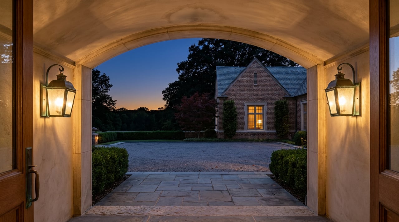 Stone archway frames a brick estate facade at dusk, with bronze lanterns and one glowing mullioned window.