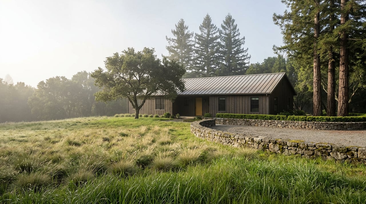 Dark, single-story house with a mustard door beyond a sloping meadow, framed by mature trees and a curved stone wall.