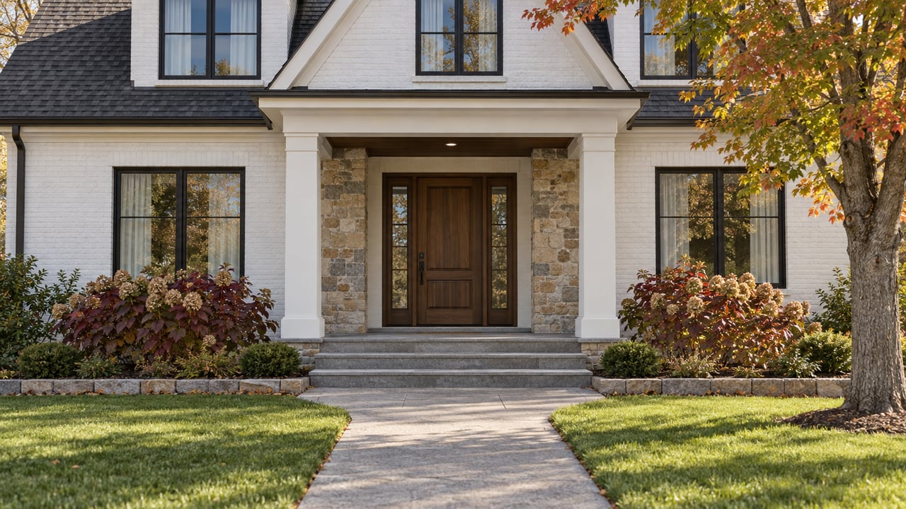 White-painted brick home with black-framed windows, stone entry steps and an autumn-colored maple beside an open front lawn.