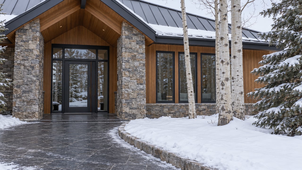 Snow borders a cleared stone approach to a timber-and-stone home, with a sheltered glass entry, tall windows, aspen trunks and a snow-dusted spruce.