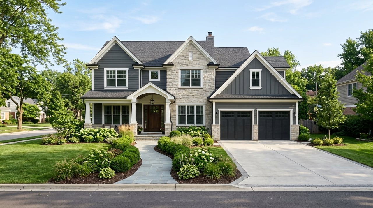 Warm white suburban home with a charcoal front door, limestone base, lawn, and straight concrete walkway.