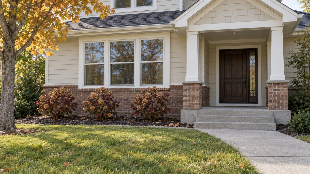 Autumn lawn and concrete approach leading to a covered entry on a light-sided home with a brick window bay and oakleaf hydrangeas.