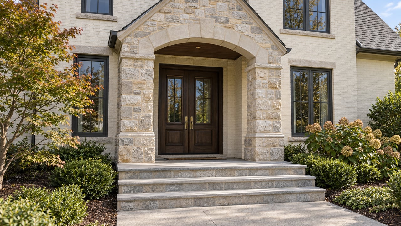 Ivory painted-brick home with a buff stone arched portico, paired oak entry doors and broad limestone steps beside established autumn planting.
