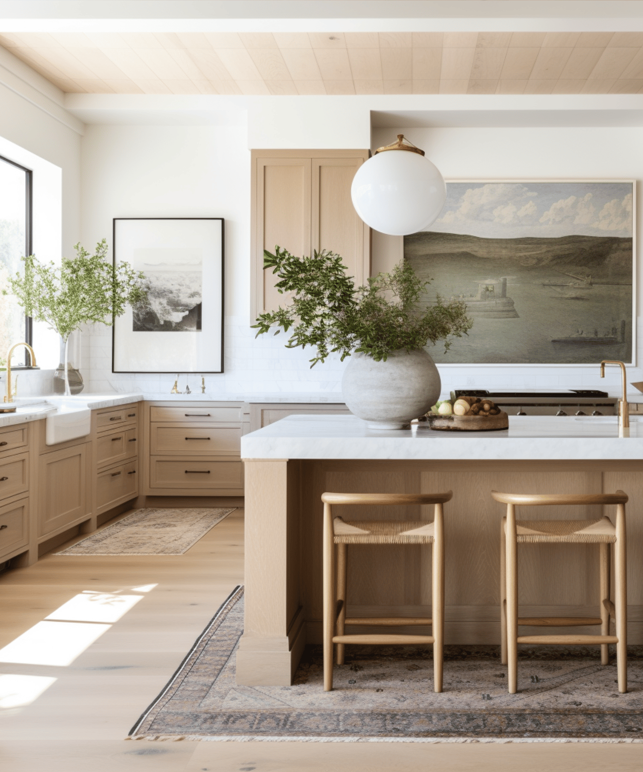 Bright kitchen with beige cabinets, a marble island, brass fixtures, and stools