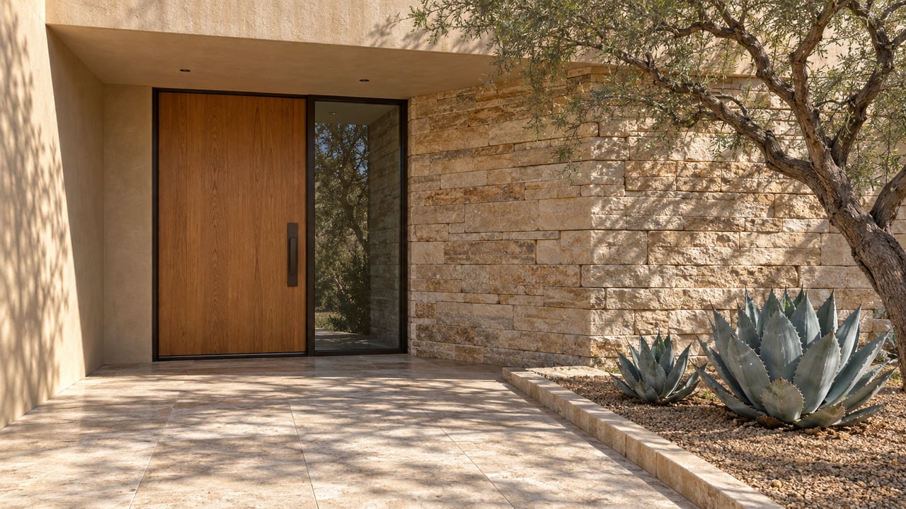 A sheltered oak entrance and bronze-framed sidelight beside layered limestone, travertine paving and a sculptural ironwood tree with two agaves.