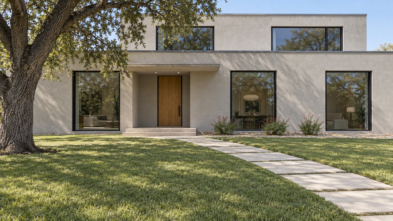 Modern light-stucco home with dark-framed windows, a limestone approach, broad lawn and a mature spreading oak.
