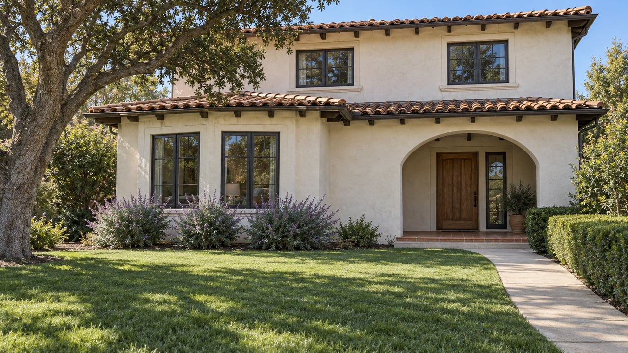 A warm ivory stucco home with a clay tile roof, bronze-framed windows and an arched entry beyond a deep lawn and curved concrete walk.