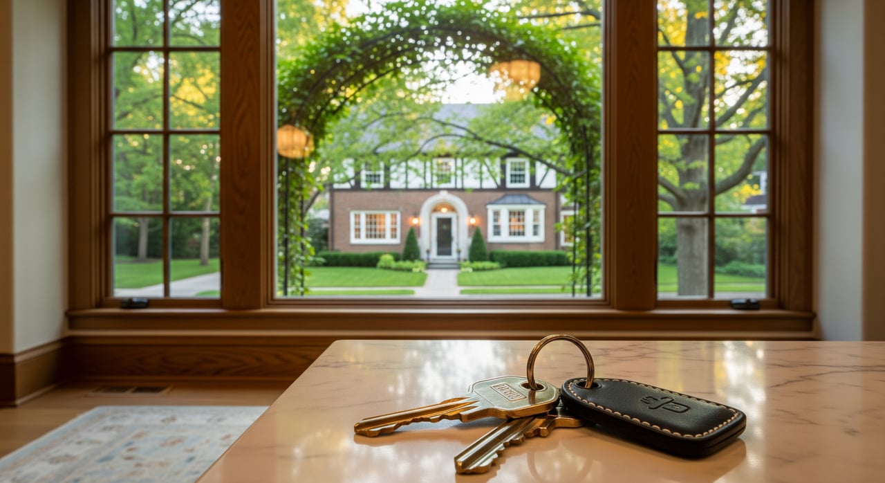 Keys and a black fob rest on a marble table, with a brick house framed by a garden arch beyond the window.