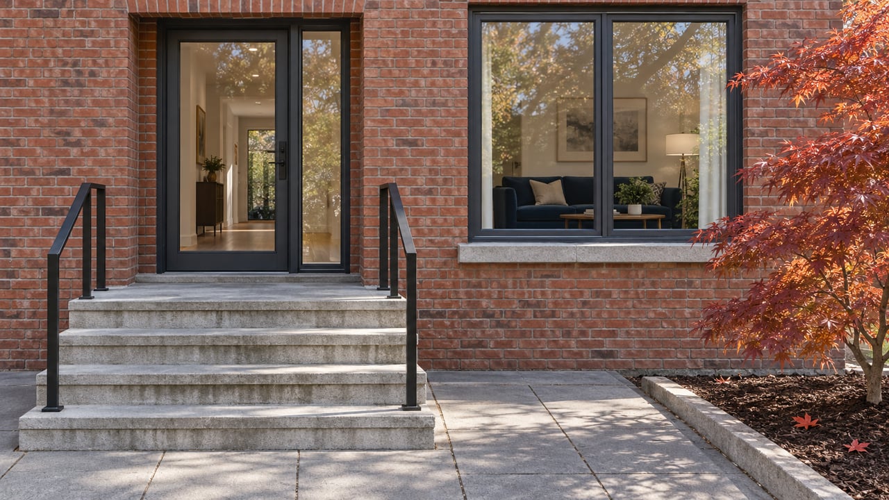 Updated red-brick home with a glazed entry, gray stone steps, and a copper-red Japanese maple beside the approach.