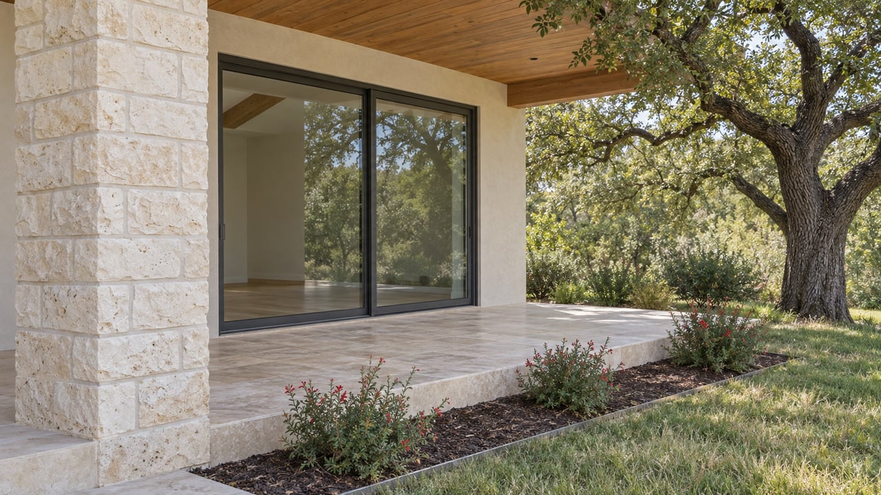 Pale limestone porch and closed glass doors beside a mature spreading oak and a small flowering garden.