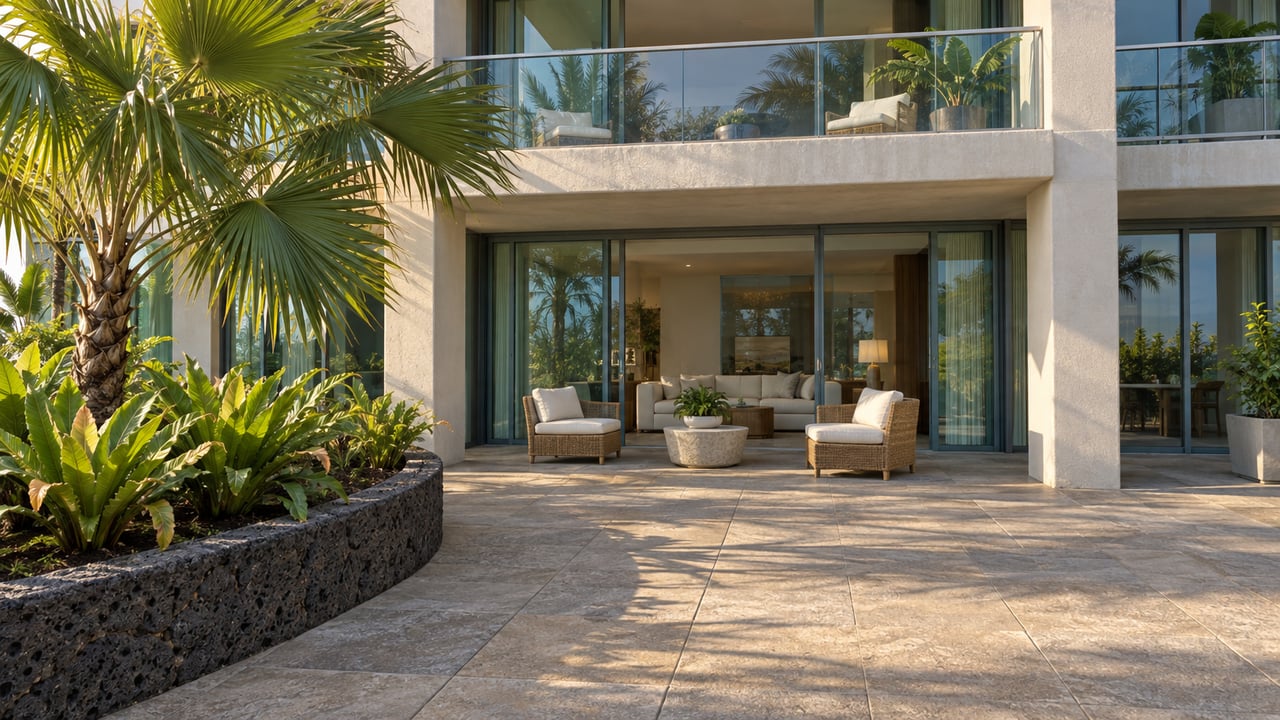 A sunlit stone garden terrace beside a contemporary condominium, with fan palm, lava-stone planting bed, and shaded glass-enclosed lanai.