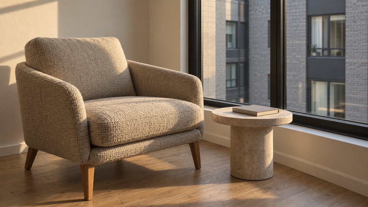 Sunlight falls across a wool lounge chair, pale limestone side table and oak floor beside a closed condominium window.