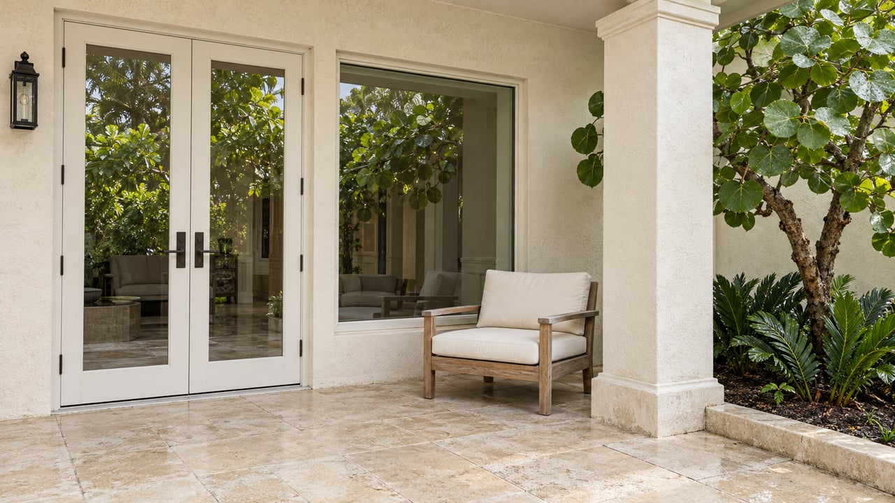 Cream stucco covered terrace with tall French doors, limestone paving, a teak lounge chair and rain-fresh tropical planting.
