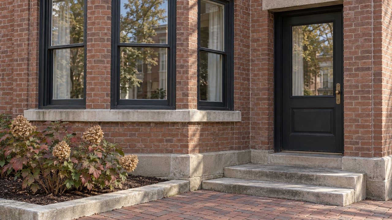 Red-brown brick residential entrance beside dark wood bay windows, worn limestone steps and an autumn oakleaf hydrangea.