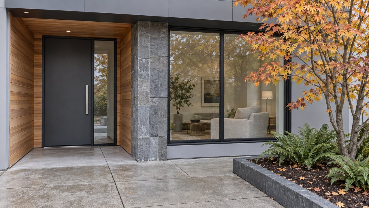 Contemporary residential entry with gray cladding, cedar boards, black-framed glazing and a vine maple turning yellow beside a basalt-edged planting bed.
