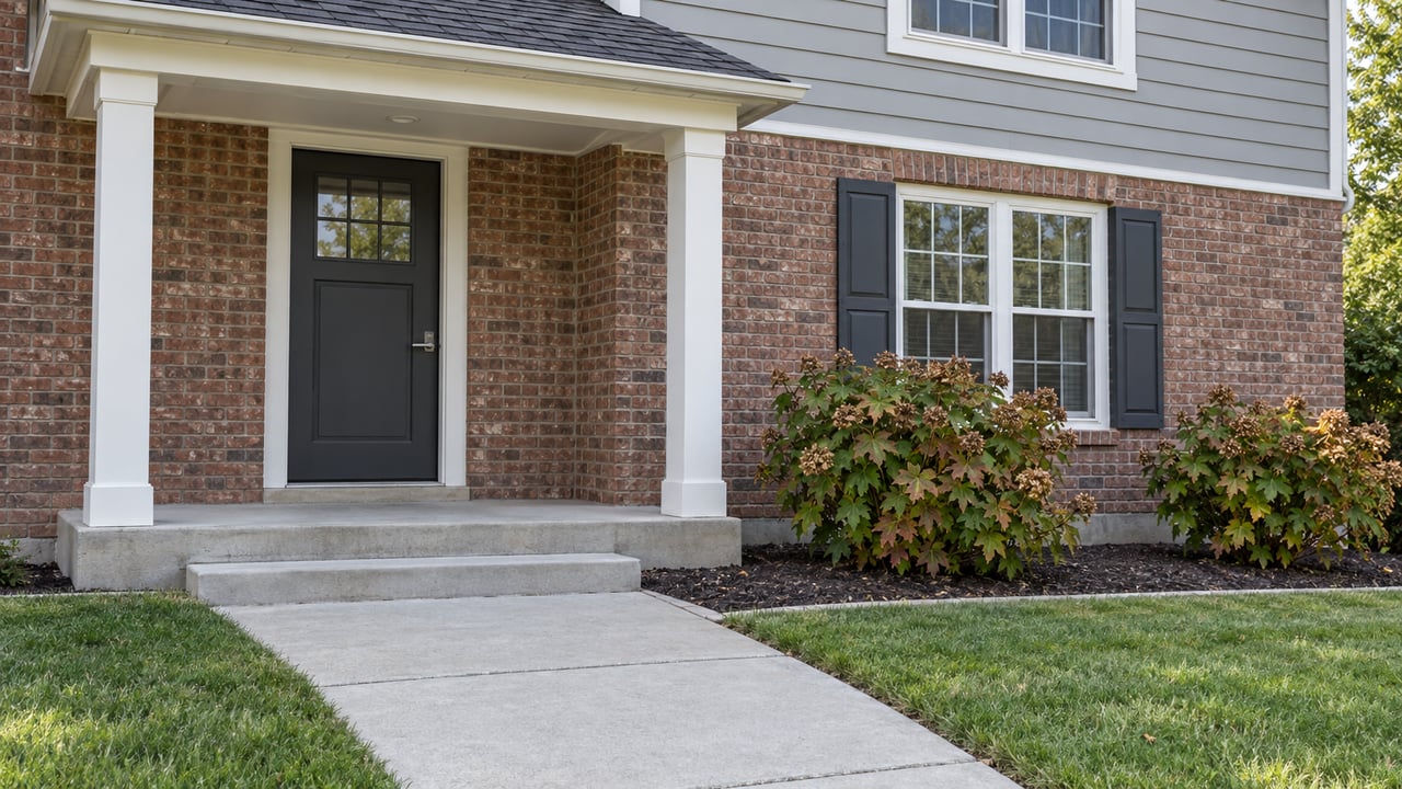 Brick entry of a light-gray traditional home, with white porch columns, a concrete walk, and oakleaf hydrangeas beside the lawn.