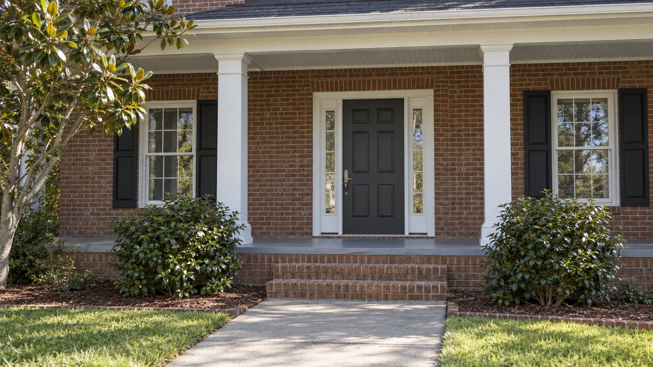 Red-brown brick home with a white-columned porch, charcoal front door, brick steps and camellias bordering the approach.