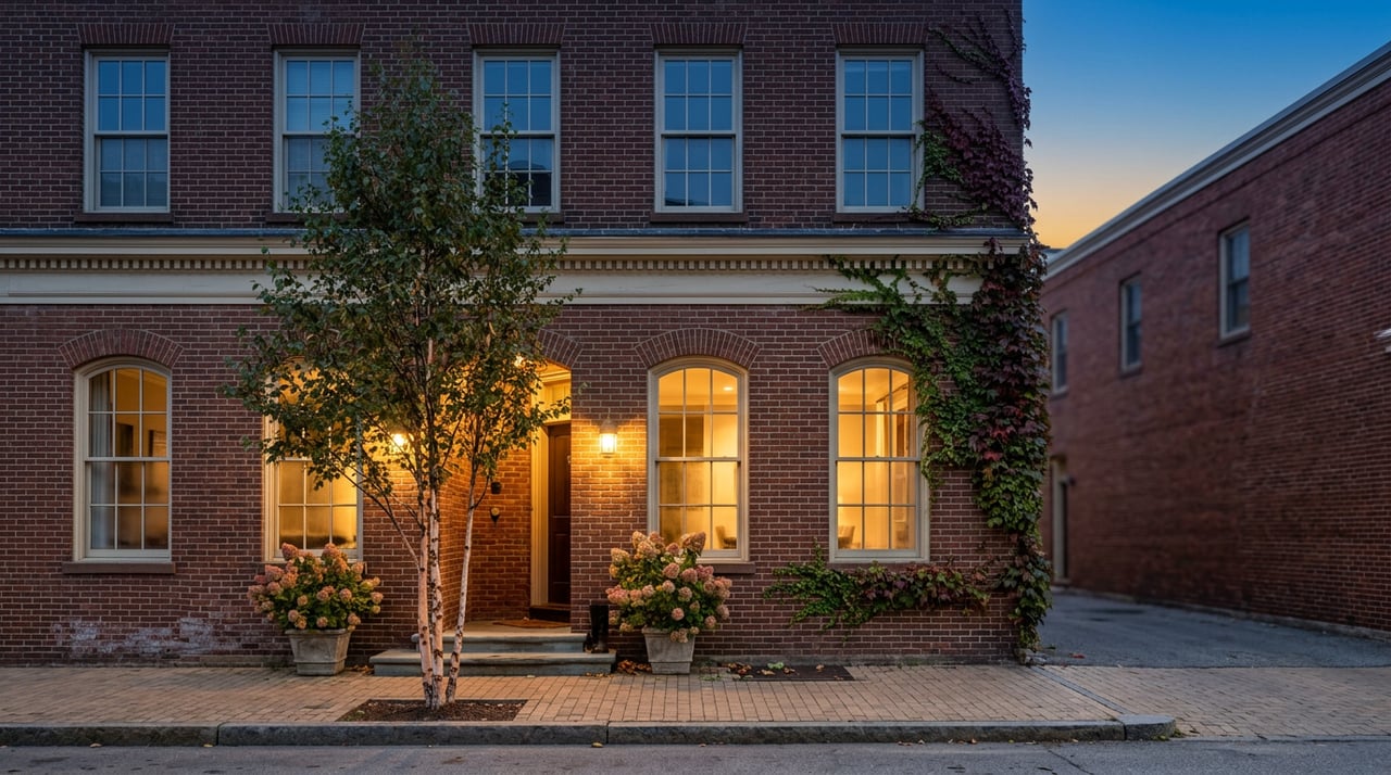 Brick facade at dusk, glowing arched windows, brass sconces, and burgundy ivy climbing the corner.