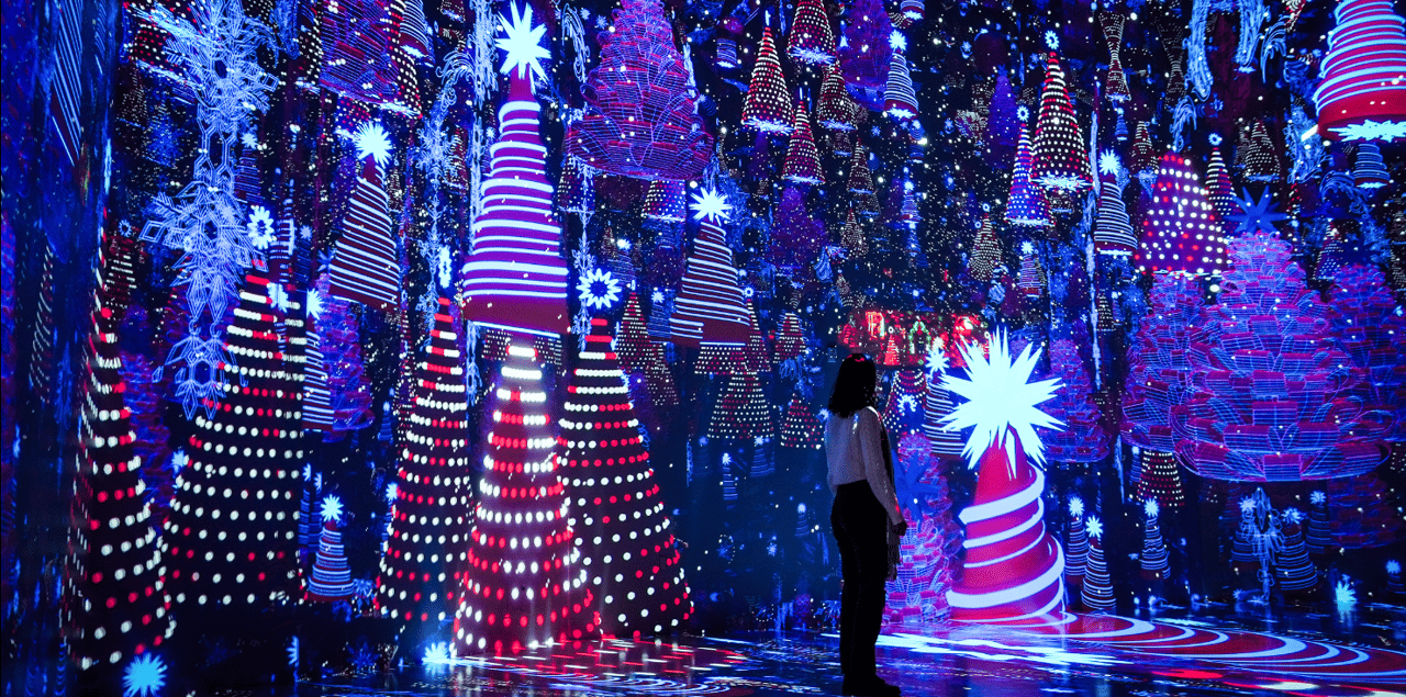 A visitor stands among glowing cone-shaped Christmas trees and starbursts in a colorful light display.
