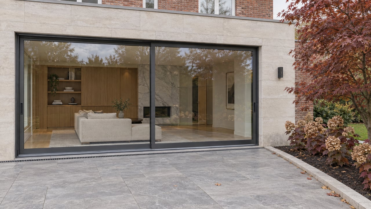 A limestone terrace beside a renovated brick home, with glazed sliding doors, warm oak interiors and bronze-red autumn planting.