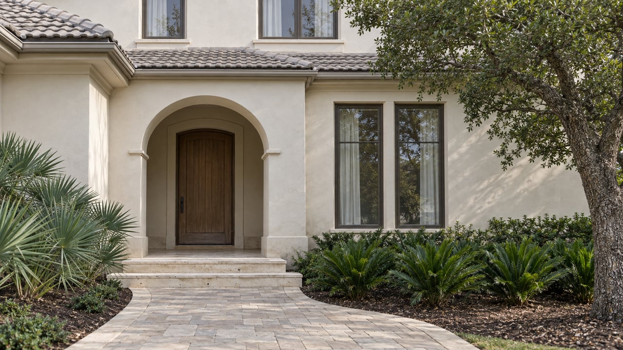 Cream stucco home with an arched oak doorway, pale stone steps and a paver approach bordered by sculptural coastal planting.
