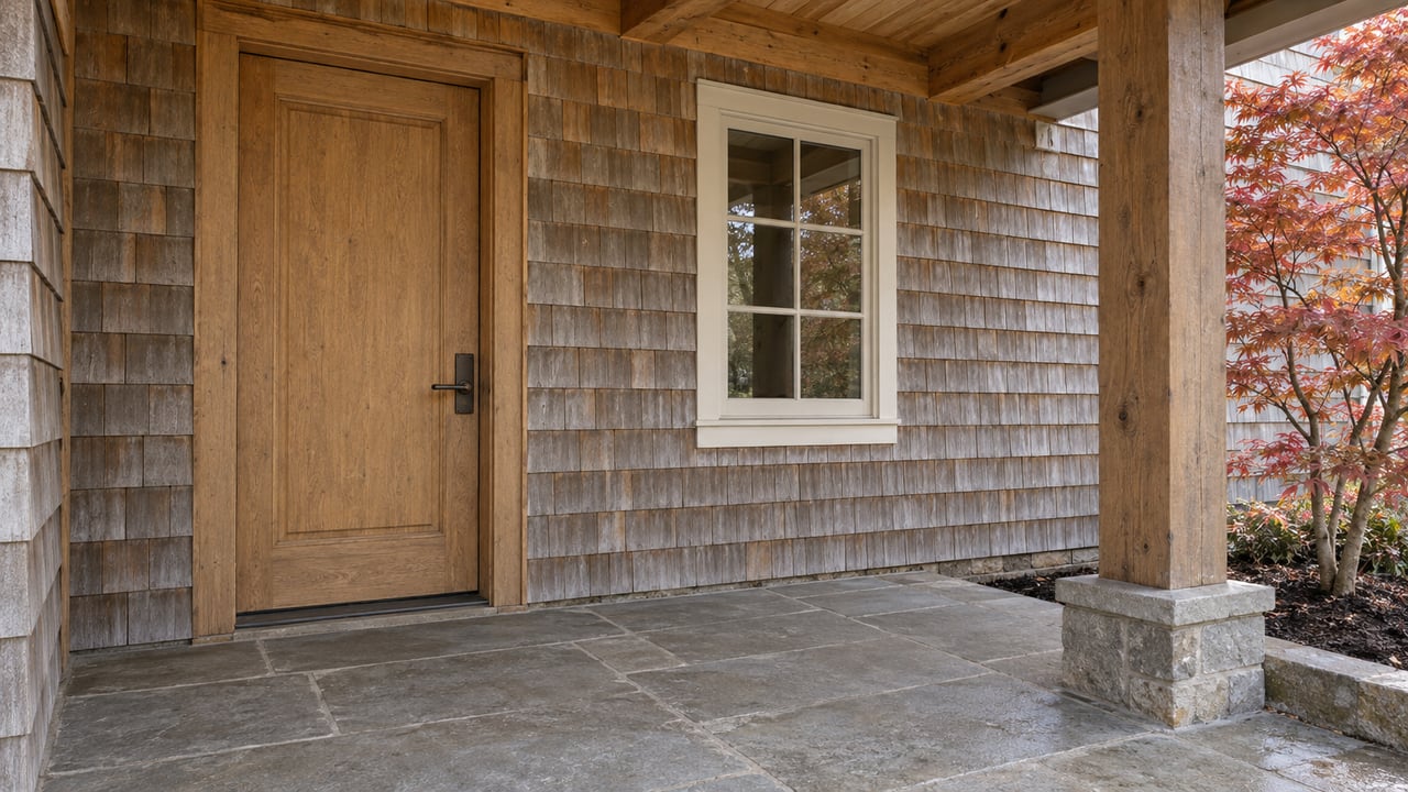 Weathered cedar-shingle home entry with a pale oak door, divided-light window, stone porch, and copper-red Japanese maple leaves.