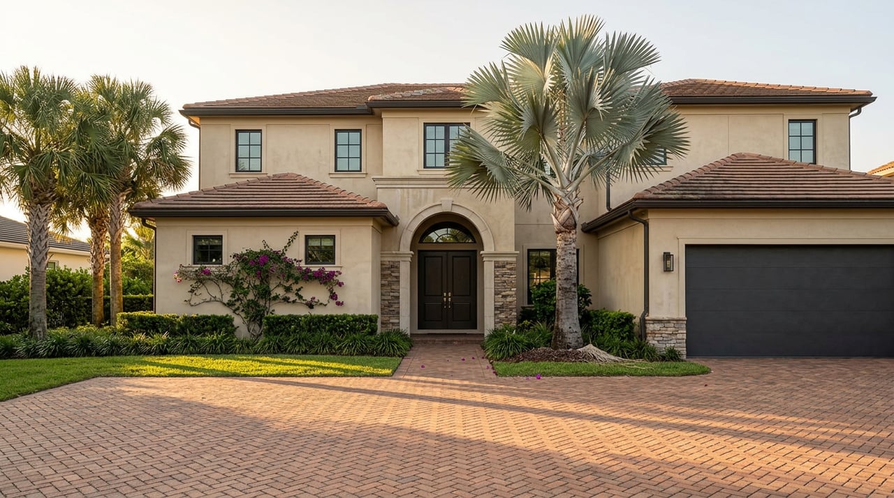 Two-story sand-stucco estate with an arched stone entry, silver-blue palm, lawn, and terracotta-paver motor court.