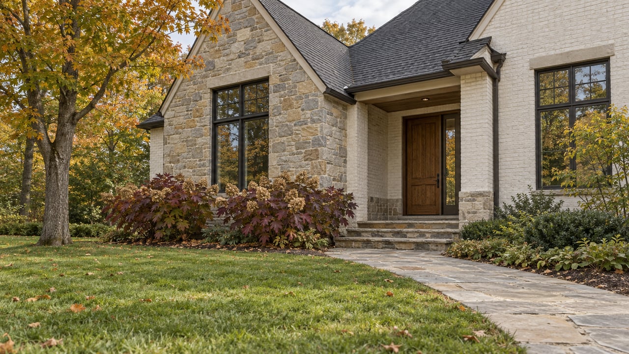 Stone-gabled painted-brick home behind a deep autumn lawn, with an oak entrance and amber maple canopy.
