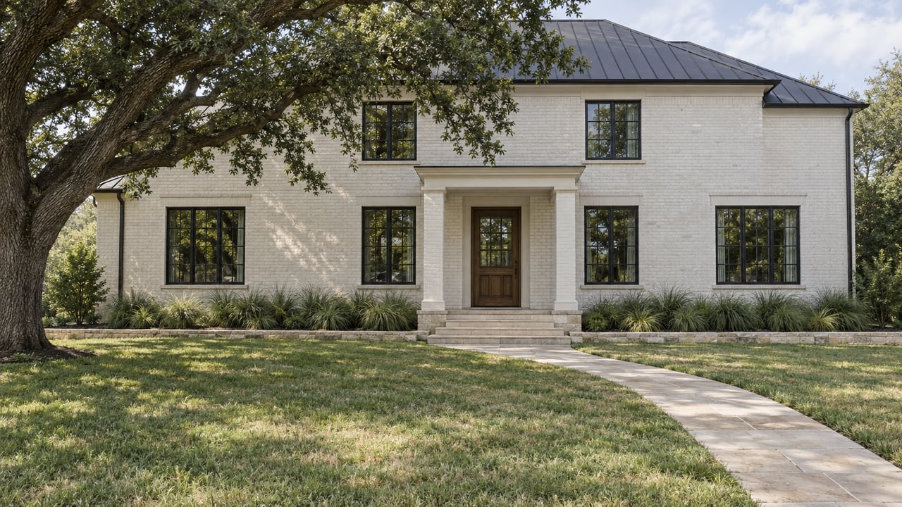 White painted-brick home with a paired-column entrance, limestone walk, deep lawn, and mature live oak.